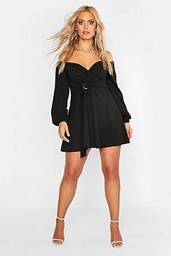 Boohoo Plus Crepe Off The Shoulder Wrap Skater Dress