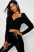 Boohoo Wrap Puff Shoulder Scuba Crop