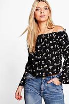 Boohoo Cesca Woven Floral Bardot Flare Sleeve Top