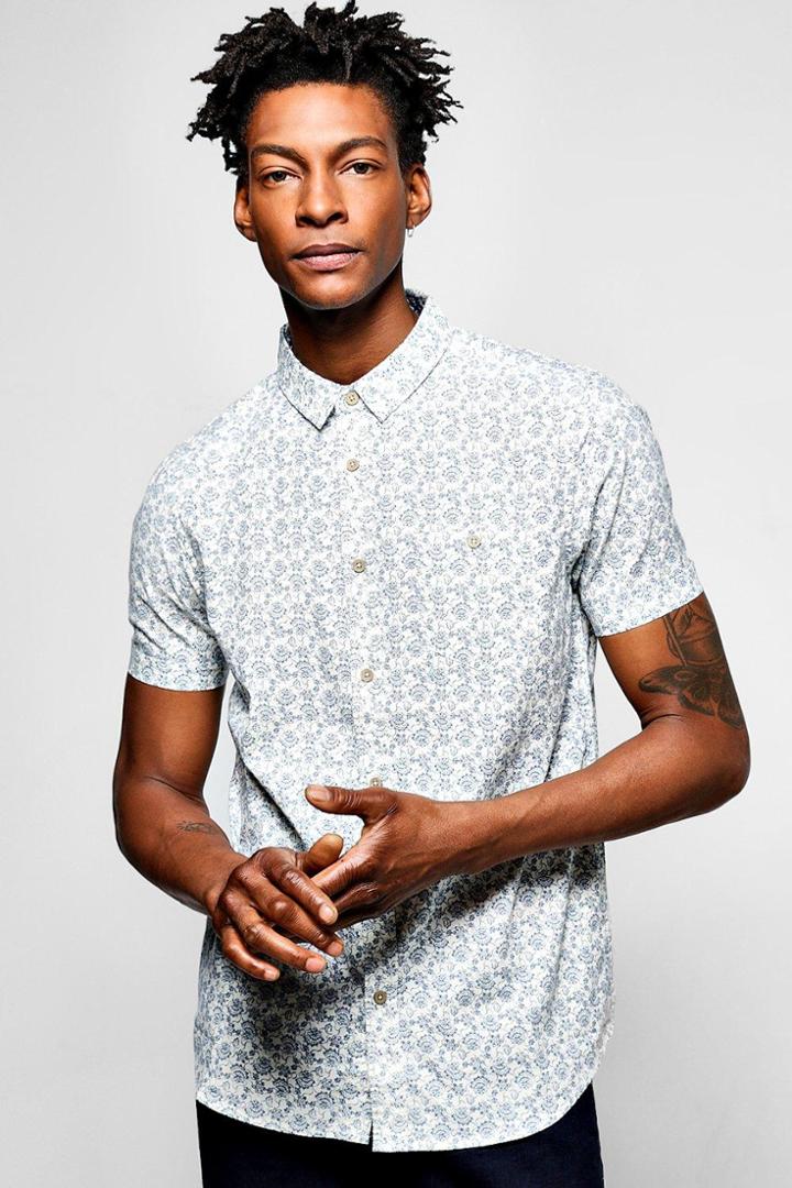 Boohoo Short Sleeve Floral Print Shirt Ecru