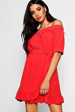 Boohoo Off The Shoulder Ruffle Hem Shift Dress