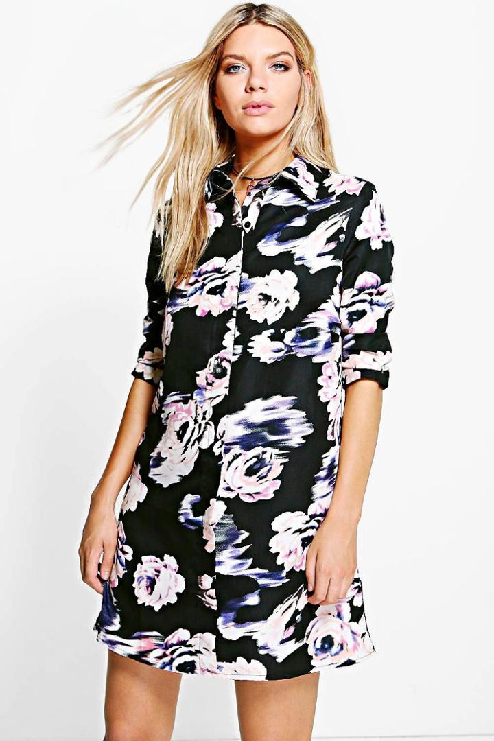 Boohoo Megan Blured Floral Print Shirt Dress Black