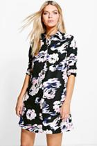 Boohoo Megan Blured Floral Print Shirt Dress Black