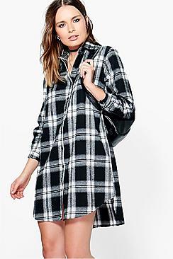 Boohoo Anvi Monochrome Check Dip Back Shirt Dress