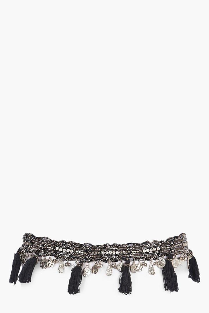 Boohoo Caroline Boutique Pom Pom Tassel Belt Black