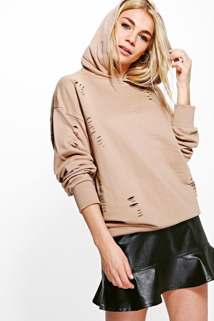 Boohoo Brooklyn Distressed Oversized Hoody Sand