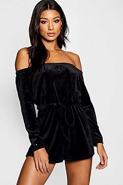 Boohoo Velour Bardot Lounge Playsuit