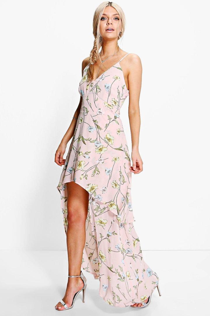 Boohoo Zoey Floral Dip Hem Skater Dress Blush