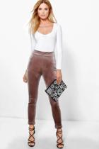 Boohoo Kate Velvet Turn Up Skinny Trousers Taupe