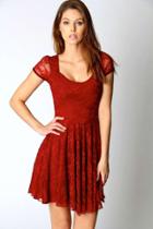 Boohoo Caroline Cap Sleeve Lace Skater Dress Berry