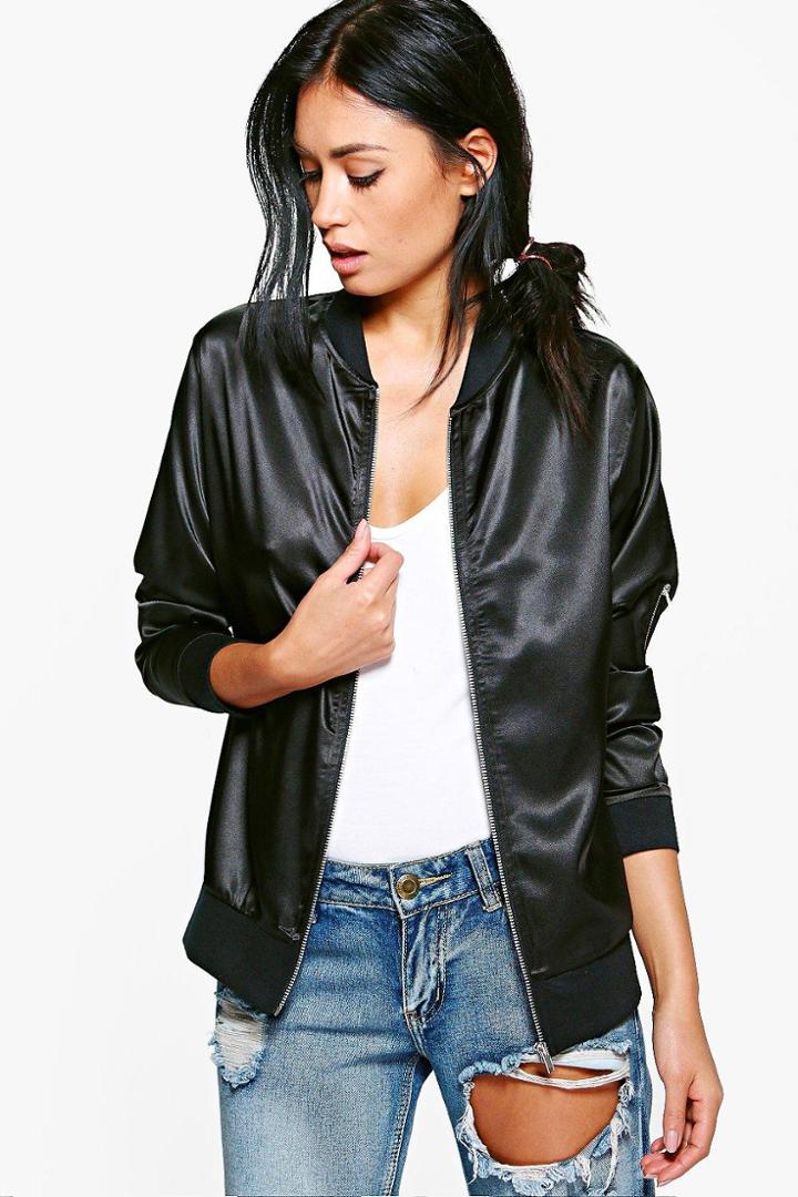 Boohoo Georgia Satin Bomber Jacket Black