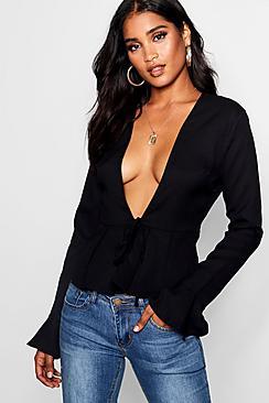 Boohoo Beth Tie Front Blouse