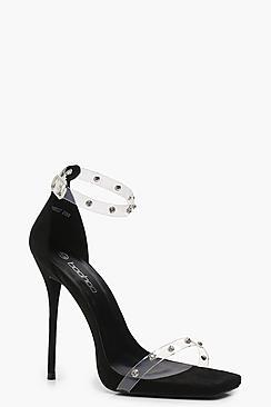 Boohoo Tia Embellished Clear Strap 2 Part Heels