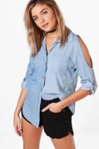 Boohoo Lula Open Shoulder Denim Shirt Blue