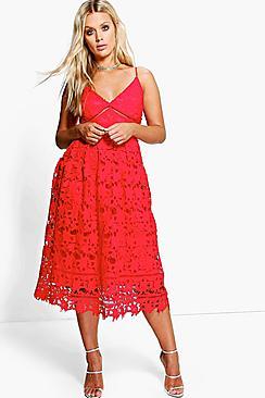 Boohoo Plus Leila Applique V Neck Lace Skater Dress