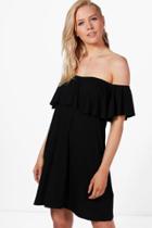Boohoo Louise Frill Detail Off The Shoulder Swing Dress Black