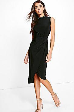 Boohoo Joyce Slinky Knot Detail Wrap Midi Dress