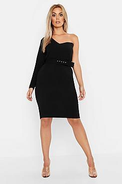 Boohoo Plus One Shoulder Belted Midi Dress
