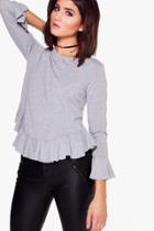 Boohoo Lauren Ruffle Hem & Cuff Knitted Top Grey