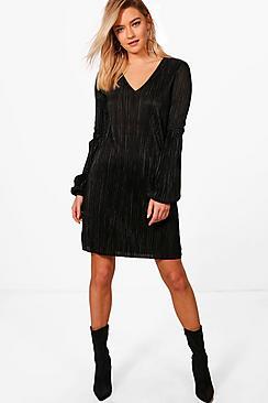 Boohoo Georgia Balloon Sleeve Pleated Shift Dress