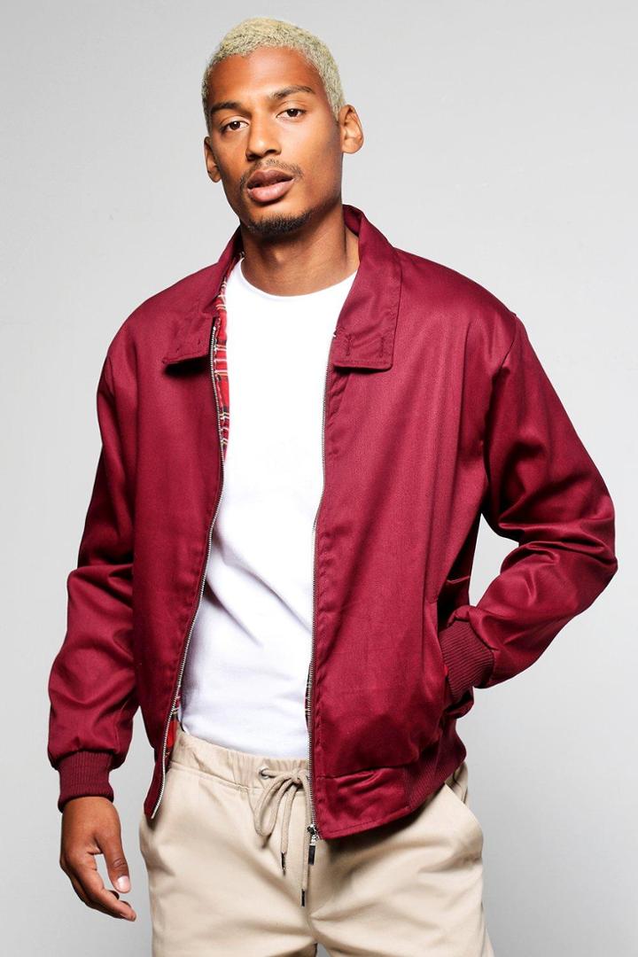 Boohoo Cotton Harrington Jacket With Tartan Lining Wine