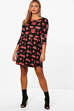 Boohoo Mil Rose Floral Brushed Knit Skater Dress