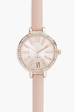 Boohoo Daisy Diamante Face & Dial Leather Look Strap Watch