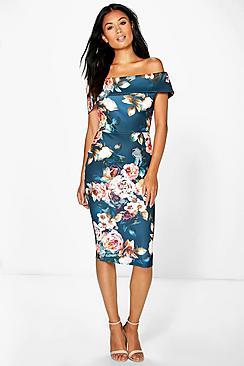 Boohoo Marnie Off Shoulder Floral Midi Dress