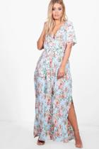 Boohoo Plus Adele Floral Wrap Front Maxi Dress Bluebell