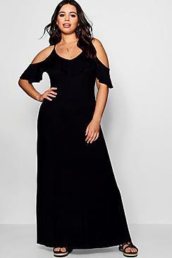 Boohoo Plus Emilie Ruffle Detail Cold Shoulder Maxi Dress