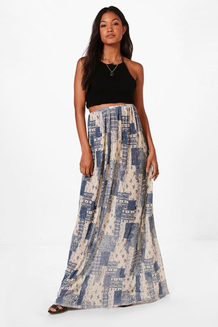Boohoo Belle Pleated Full Maxi Skirt Blue