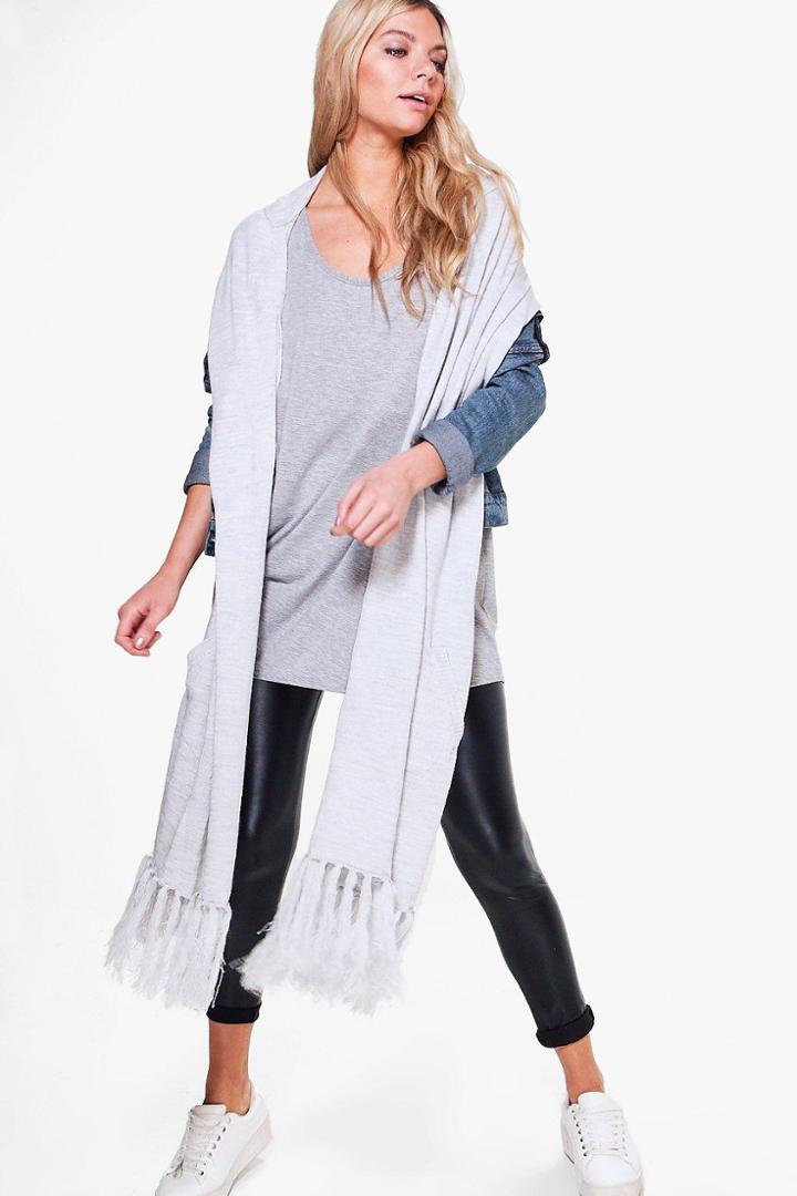 Boohoo Violet Hooded Tassel Shawl Grey