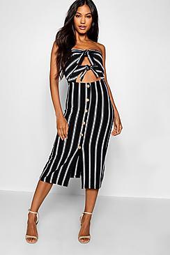 Boohoo Stripe Knot Button Front Midi Dress