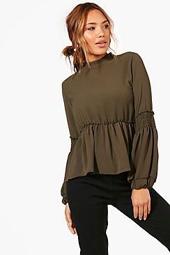 Boohoo Lena Sheared Balloon Sleeve Blouse