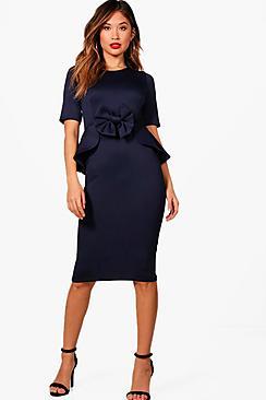 Boohoo Olivia Bow Detail Peplum Midi Dress