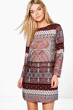 Boohoo Marcie Paisley Border Long Sleeve Shift Dress