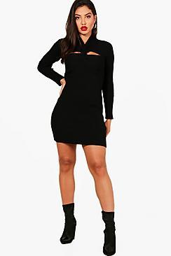 Boohoo Jade Rib Knitted Bodycon Twist Neck Dress