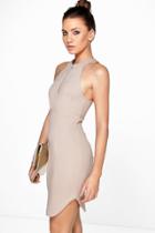 Boohoo Kiera Zip Front Halter Neck Bodycon Dress Sand