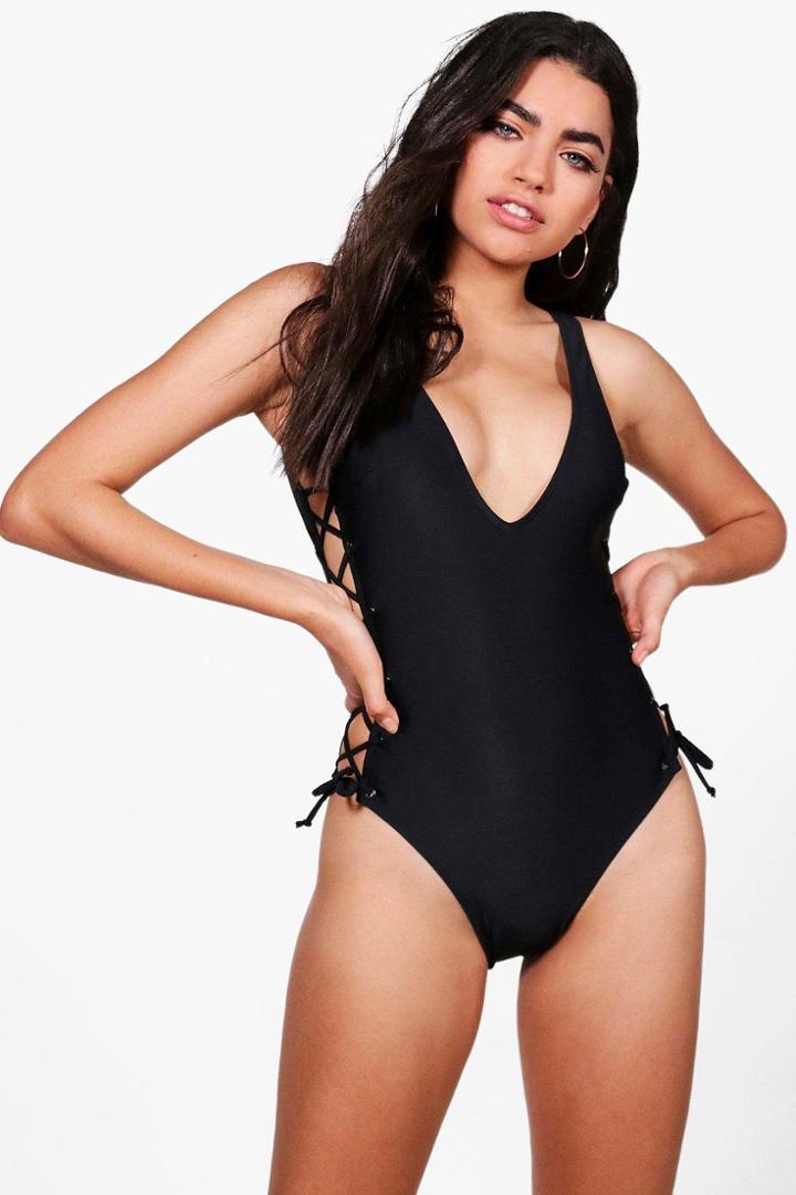 Boohoo Dominica Extreme Lace Up Eyelet Bathing Suit Black