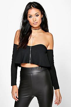Boohoo Alexis Long Sleeve Ruffle Crepe Bardot Top