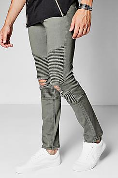 Boohoo Skinny Fit Khaki Biker Jeans With Distressed Knees