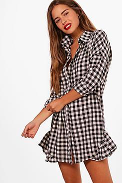 Boohoo Petite Sue Gingham Ruffle Hem Shirt Dress