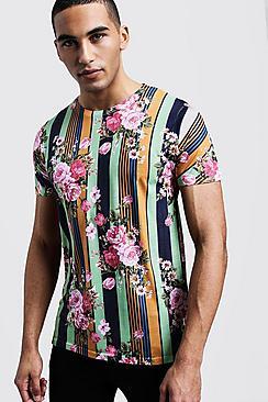 Boohoo Vertical Stripe Floral Print Regular Jersey Tee
