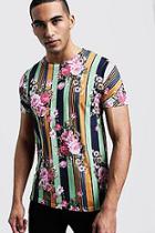 Boohoo Vertical Stripe Floral Print Regular Jersey Tee