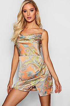 Boohoo Kat Floral Satin Cowl Neck Wrap Dress