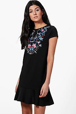 Boohoo Rose Printed Ruffle Hem Shift Dress