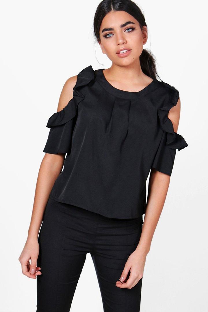 Boohoo Becky Ruffle Cold Shoulder Top Black