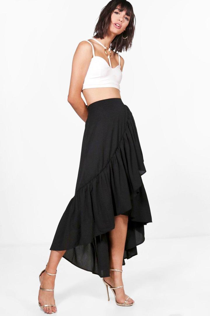Boohoo Anya Ruffle Hem Maxi Skirt Black