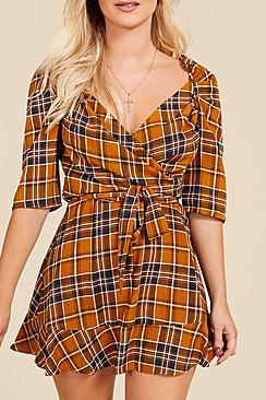 Boohoo Wrap Front Rouched Sleeve Checked Mini Dress