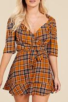 Boohoo Wrap Front Rouched Sleeve Checked Mini Dress